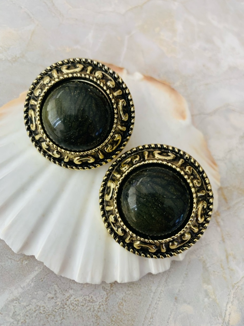 Vintage-Inspired Gold and Dark Green Cabochon Round Statement Earrings